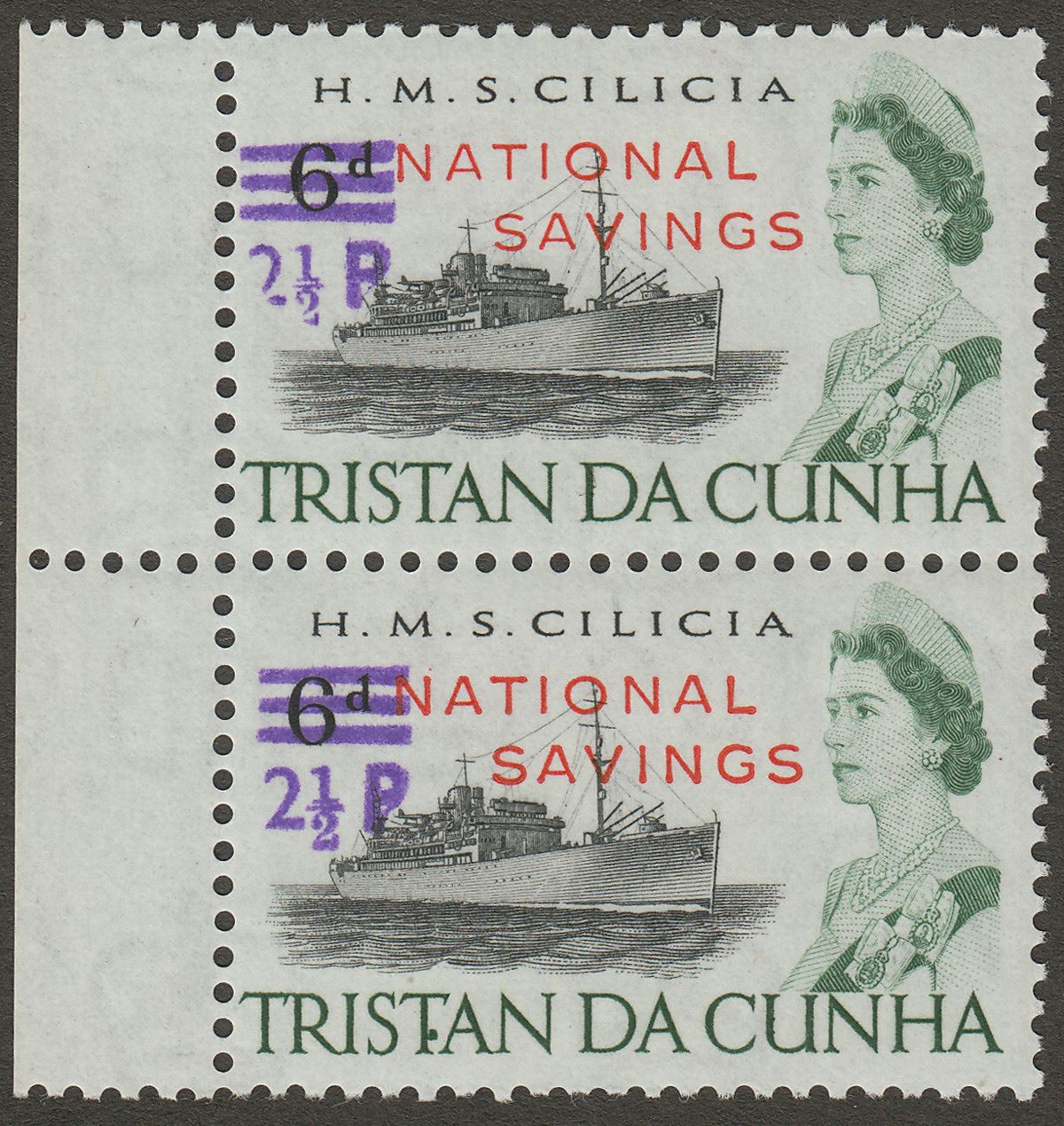 Tristan da Cunha 1971 QEII National Savings 2½p on 6d Pair Broken 2 Mint SG F2v