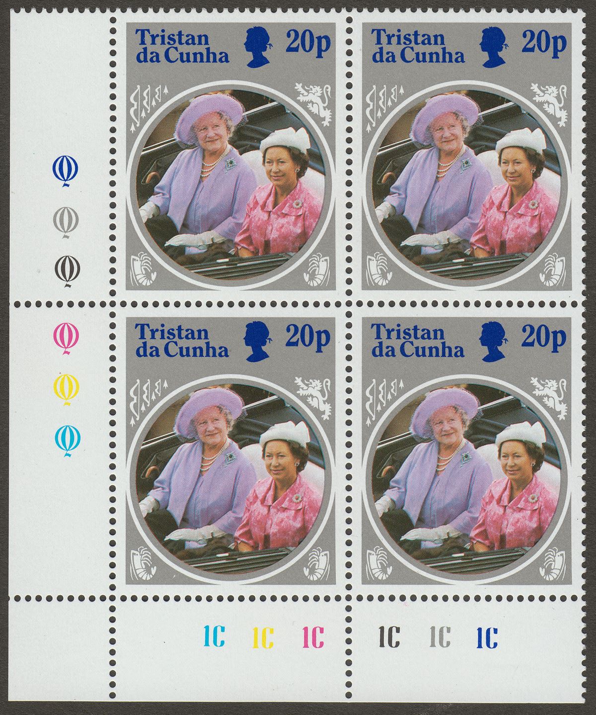 Tristan da Cunha 1985 QEII Queen Mother 10p Block of 4 wmk Inverted Mint SG390w