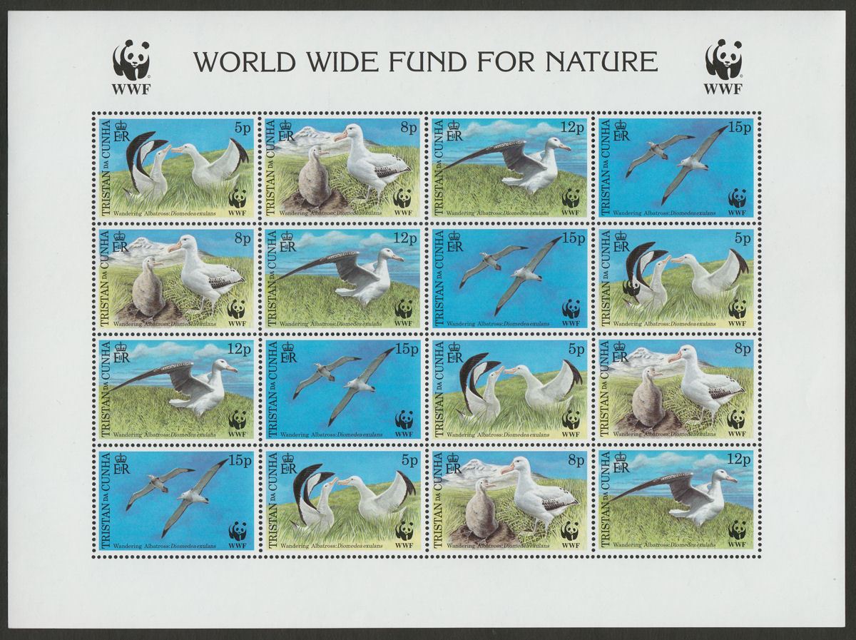 Tristan da Cunha 1999 WWF Albatross Sheet 16 w Panda Emblem Printed Twice SG651b