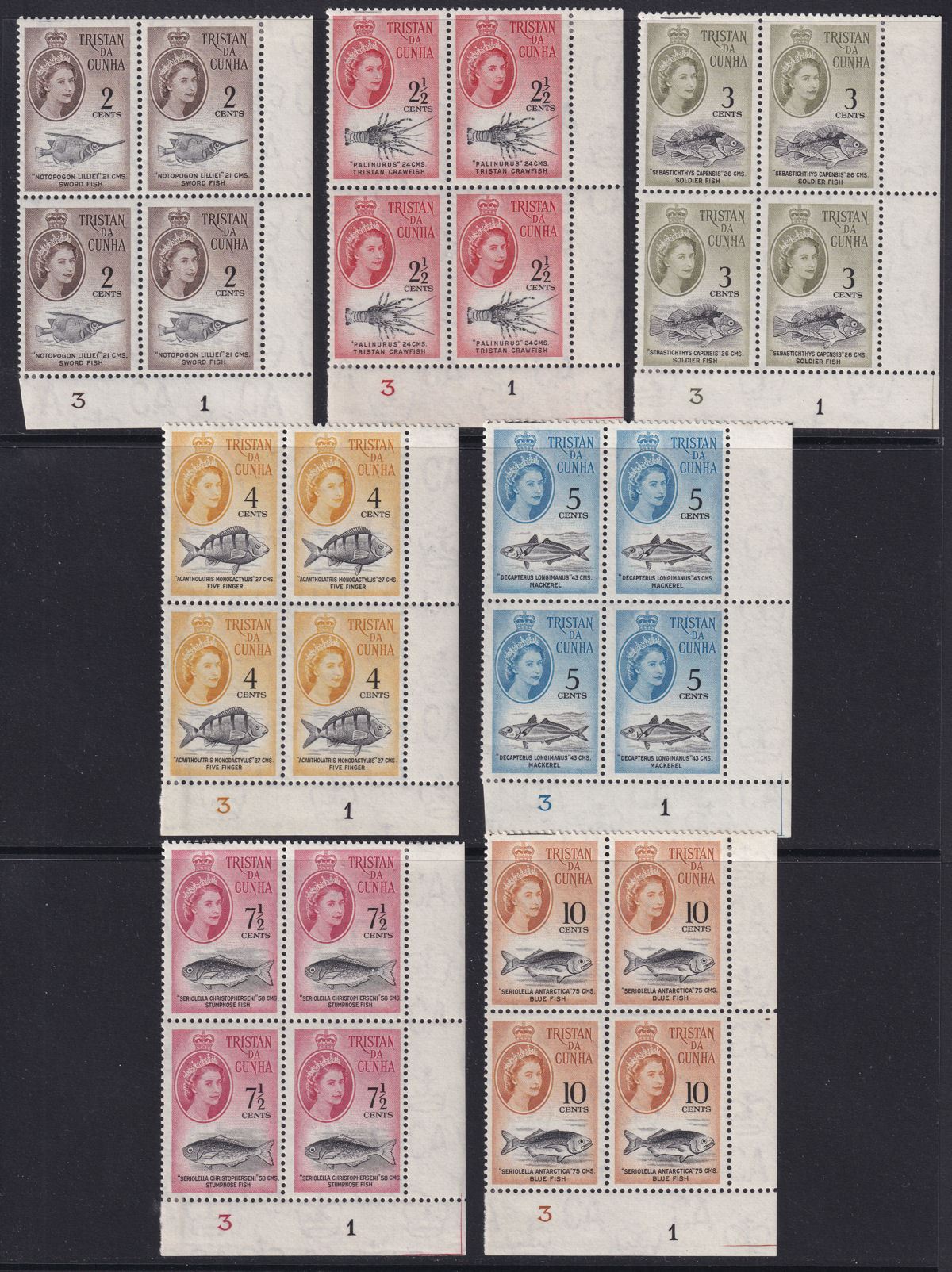 Tristan da Cunha 1961 QEII Marine Life Decimal Plate No Block Pt Set to 10c Mint