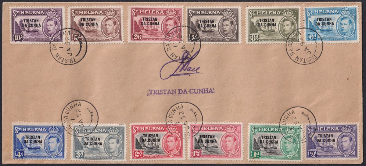 Tristan da Cunha 1952 KGVI Opt Full Set Used J Ball First Day Cover S-Line Mark