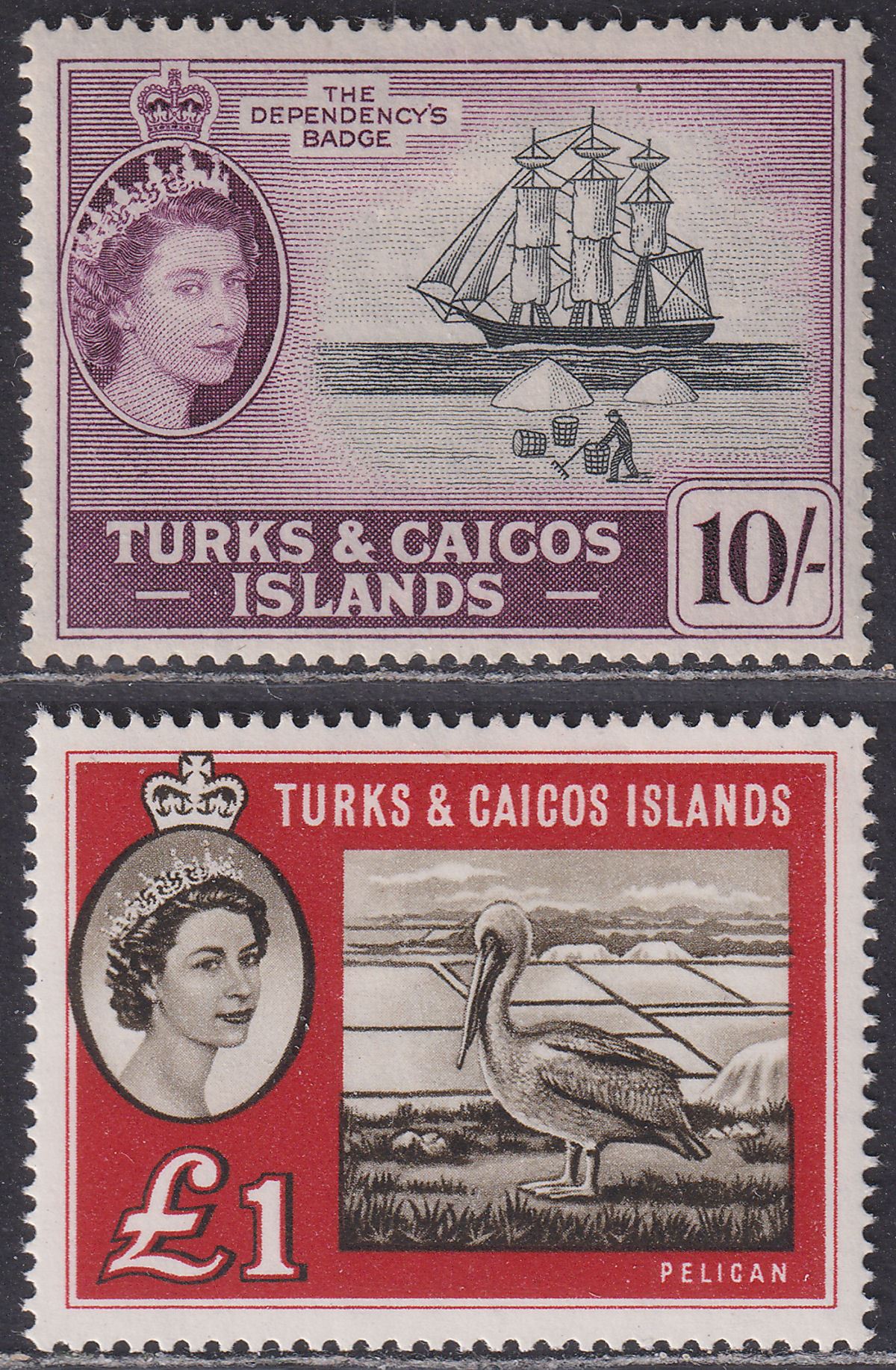 Turks and Caicos Islands 1957-60 QEII 10sh, £1 Mint SG250 SG253 cat £77