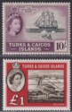 Turks and Caicos Islands 1957-60 QEII 10sh, £1 Mint SG250 SG253 cat £77