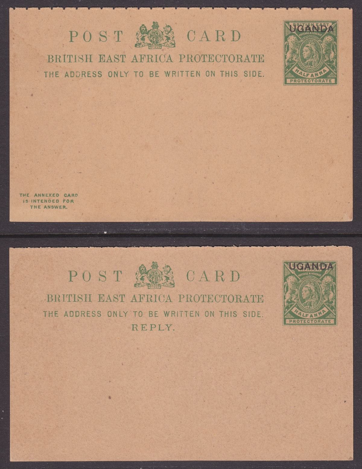 Uganda QV ½a Overprint Postal Stationery Postcard With Reply Portion Unused