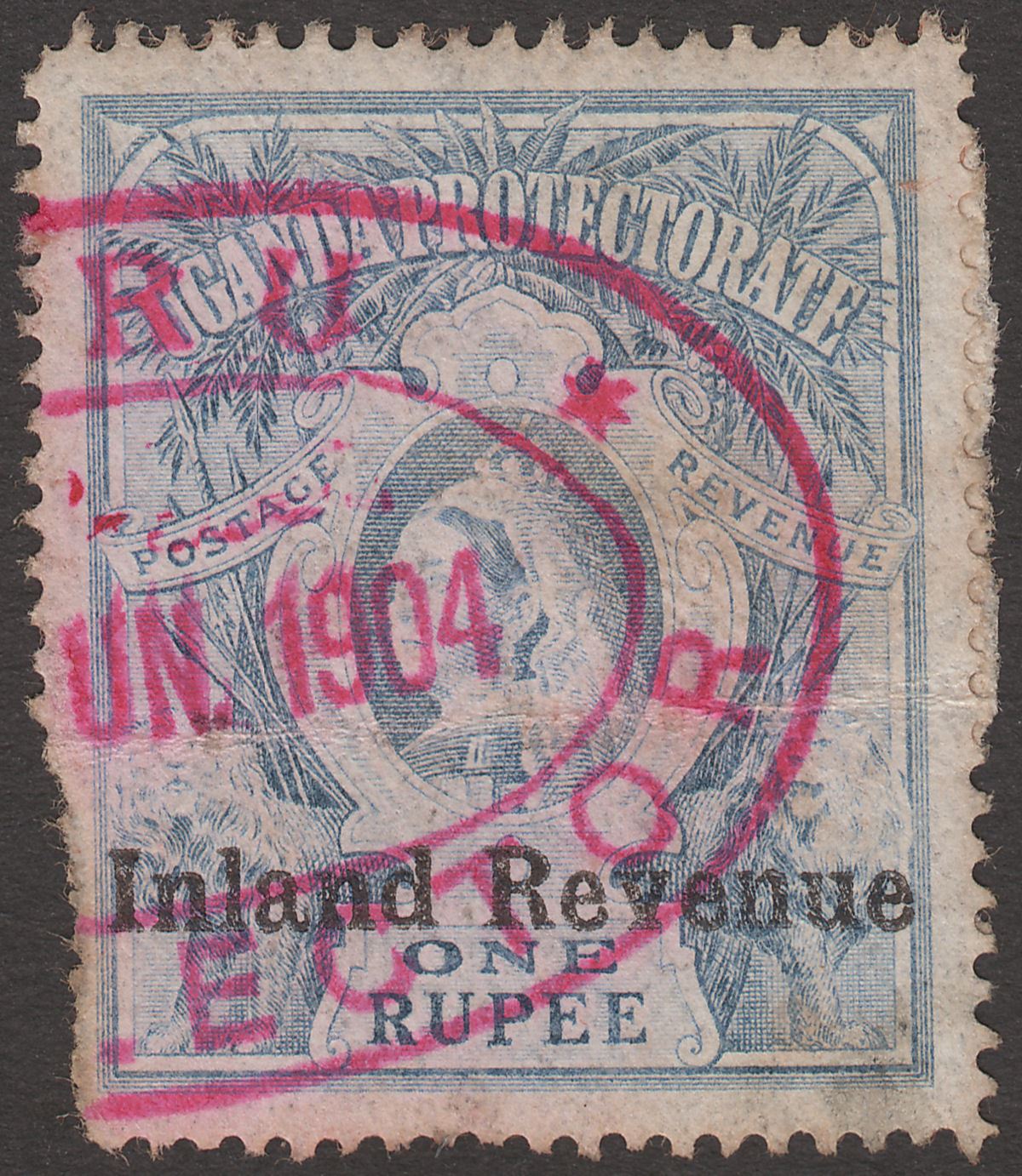 Uganda 1898 Queen Victoria Inland Revenue Overprint 1r Blue Used with faults