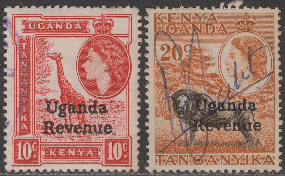 Uganda 1959 QEII Revenue Overprint 10c, 20c Used watermark Block CA BF cat £20