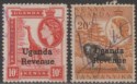 Click for more photos and details Uganda 1959 QEII Revenue Overprint 10c, 20c Used watermark Block CA