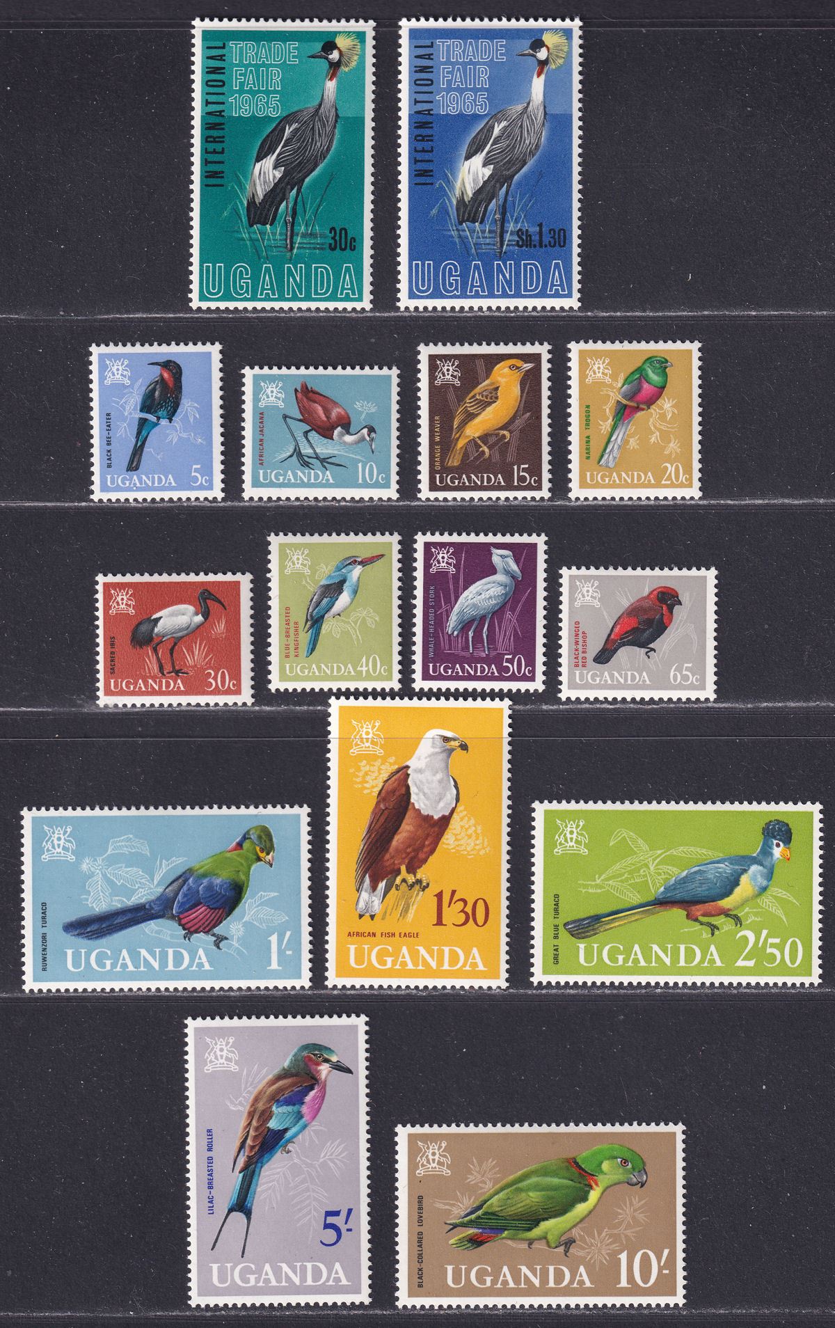 Uganda 1965 Trade Fair 30c 1sh30 / Birds Short Set to 10sh Mint SG111-125 cat£28