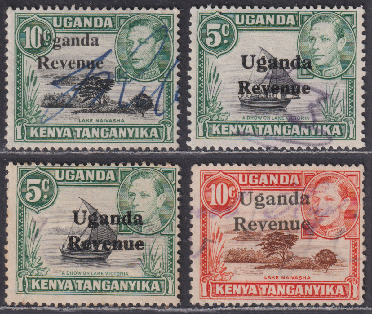 Uganda 1940-50 KGVI Revenue Overprint 5c, 10c Selection Used