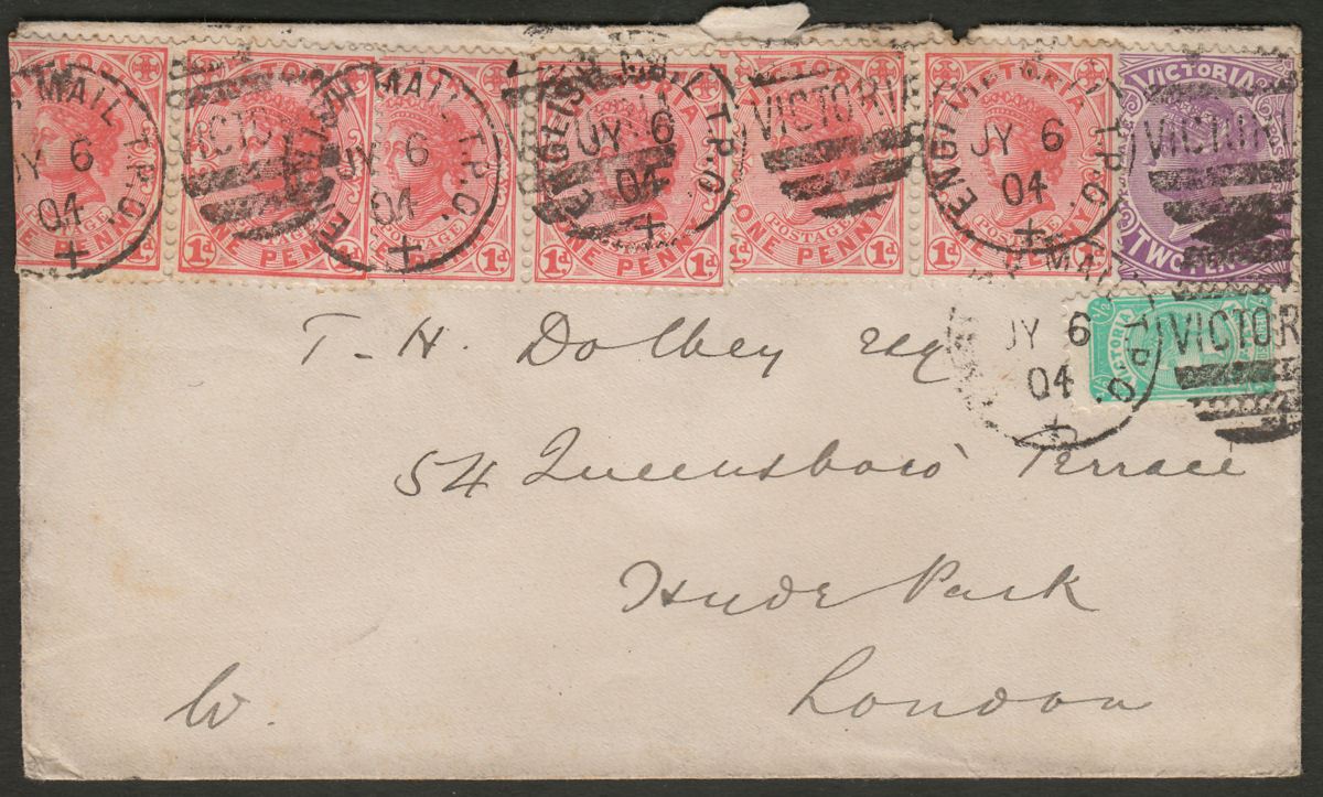 Australia Victoria 1904 QV ½d, 1d x6, 2d Used Cover English Mail TPO Postmarks