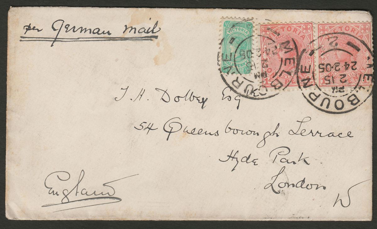 Australia Victoria 1905 QV ½d, 1d x2 Used Cover Melbourne - UK per German Mail