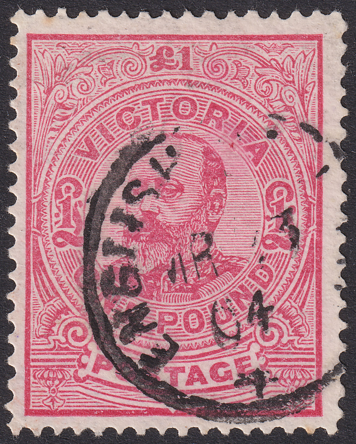 Victoria 1901 KEVII £1 Carmine-Rose p12½ Used SG399 cat £150 English Mail pmk