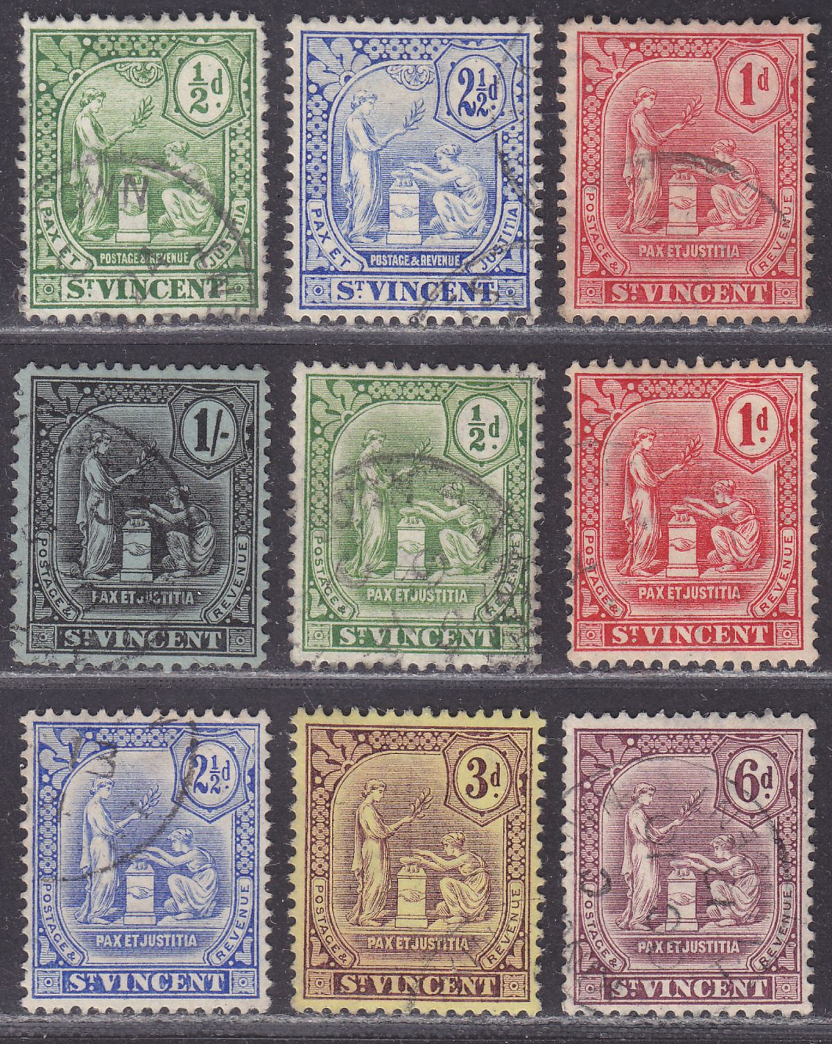 St Vincent 1907-10 KEVII Pax et Justitia Selection to 1sh Used