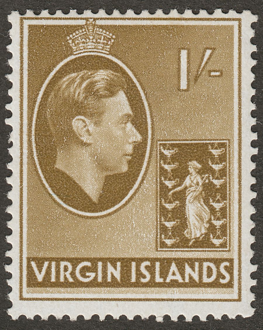 British Virgin Islands 1942 KGVI 1sh Deep Olive-Brown Ordinary Mint SG117a