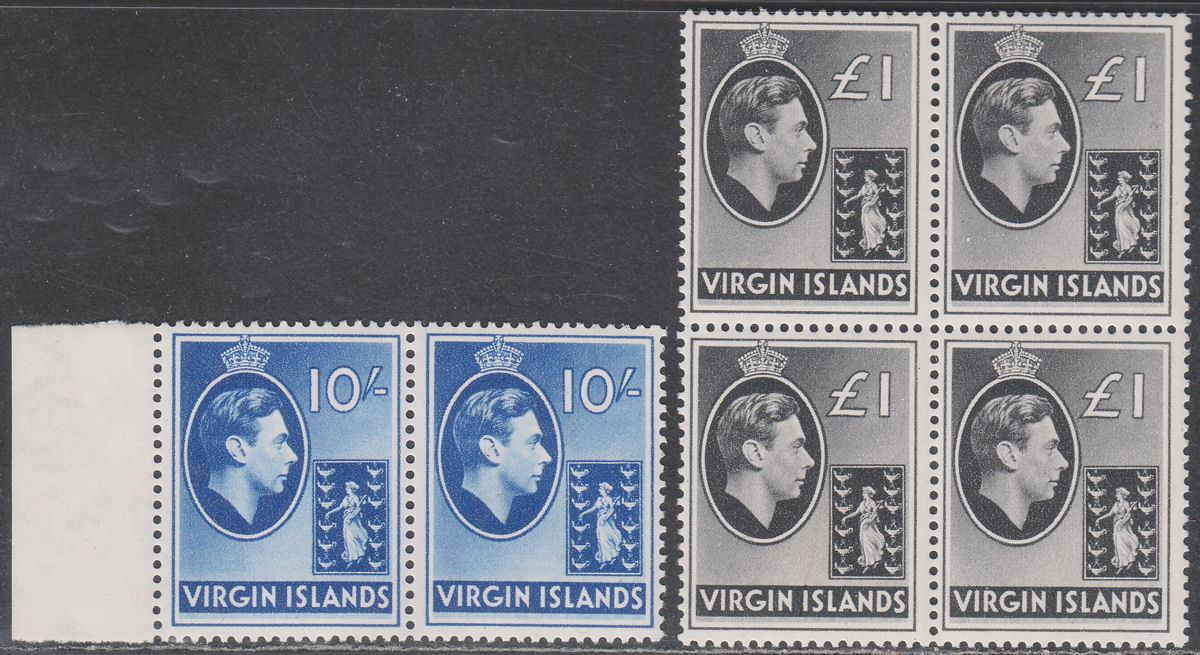 British Virgin Islands 1947 KGVI 10sh Blue x2, £1 Black x4 Mint SG120-121 c£66