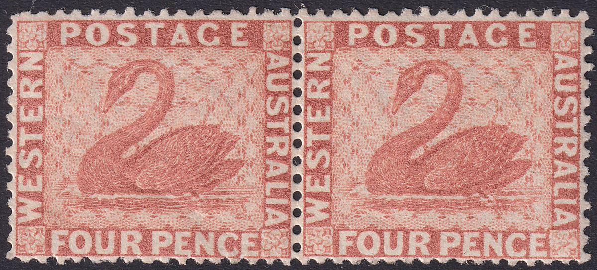 Western Australia 1888 QV Swan wmk Crown CA 4d Red-Brown Pair Mint SG105 cat£190
