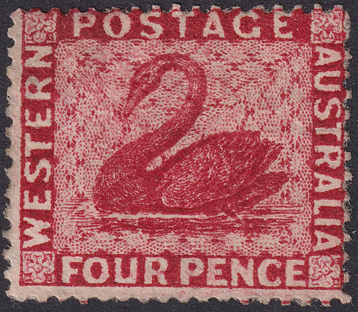 Western Australia 1881 QV Swan wmk Crown CC Reversed 4d Carm Mint SG74y c£1600