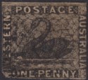 Western Australia 1854 QV Swan 1d Black Imperf Used SG1 cat £350 FAULTS