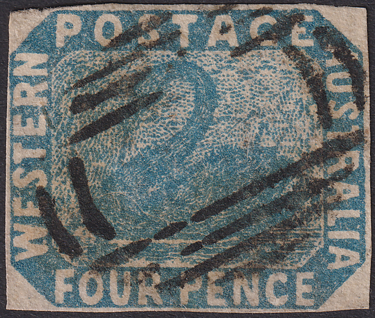 Western Australia 1854 QV Swan 4d Blue Imperf Used SG3a cat £250 Four Margins