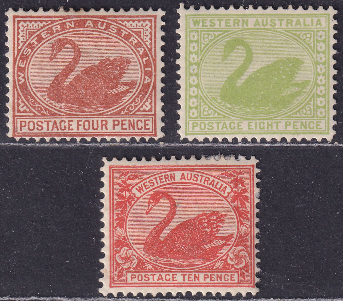 Western Australia 1902 Queen Victoria Swan 4d, 8d, 10d Mint - FAULTS