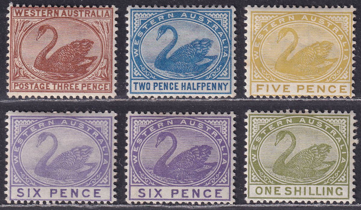 Western Australia 1882-93 QV Swan wmk Crown CA Selection to 1sh Mint