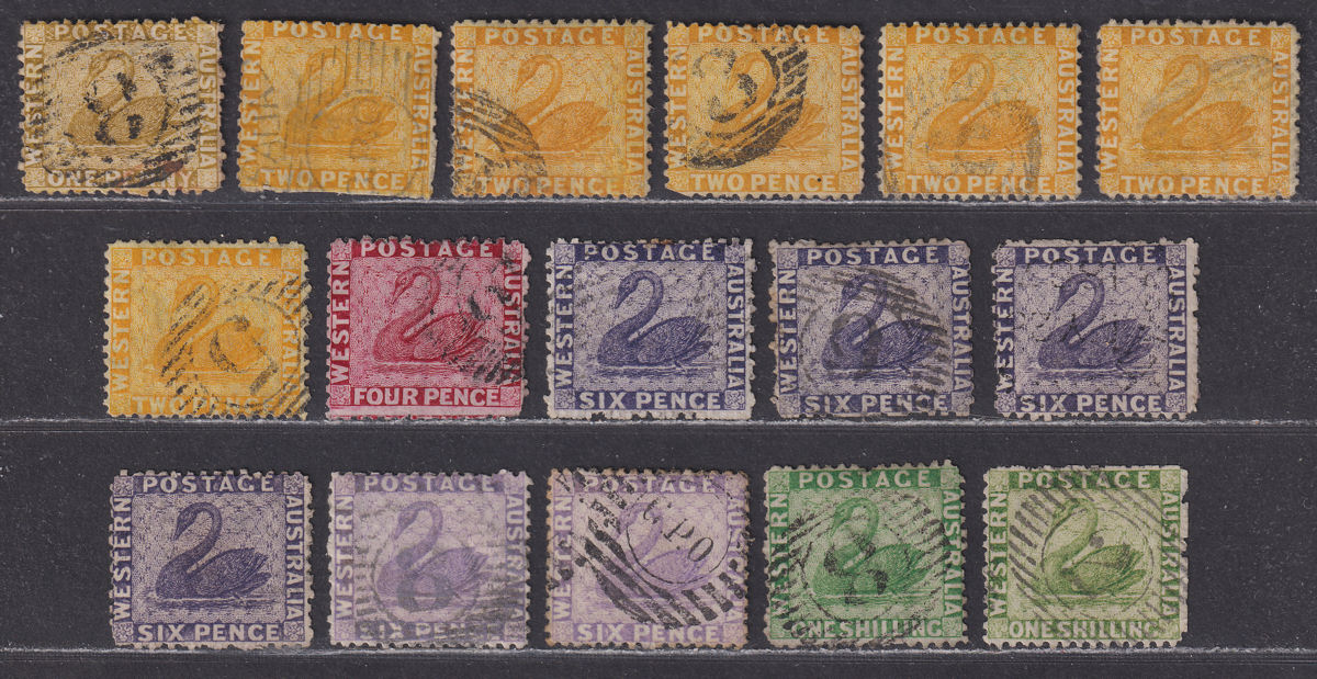 Western Australia 1864 QV Swan wmk Crown CC p12½ Selection to 1sh Used