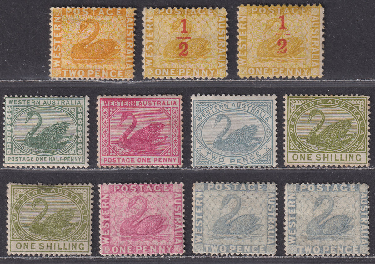 Western Australia 1882-88 QV Swan Crown CA Selection to 1sh Mint