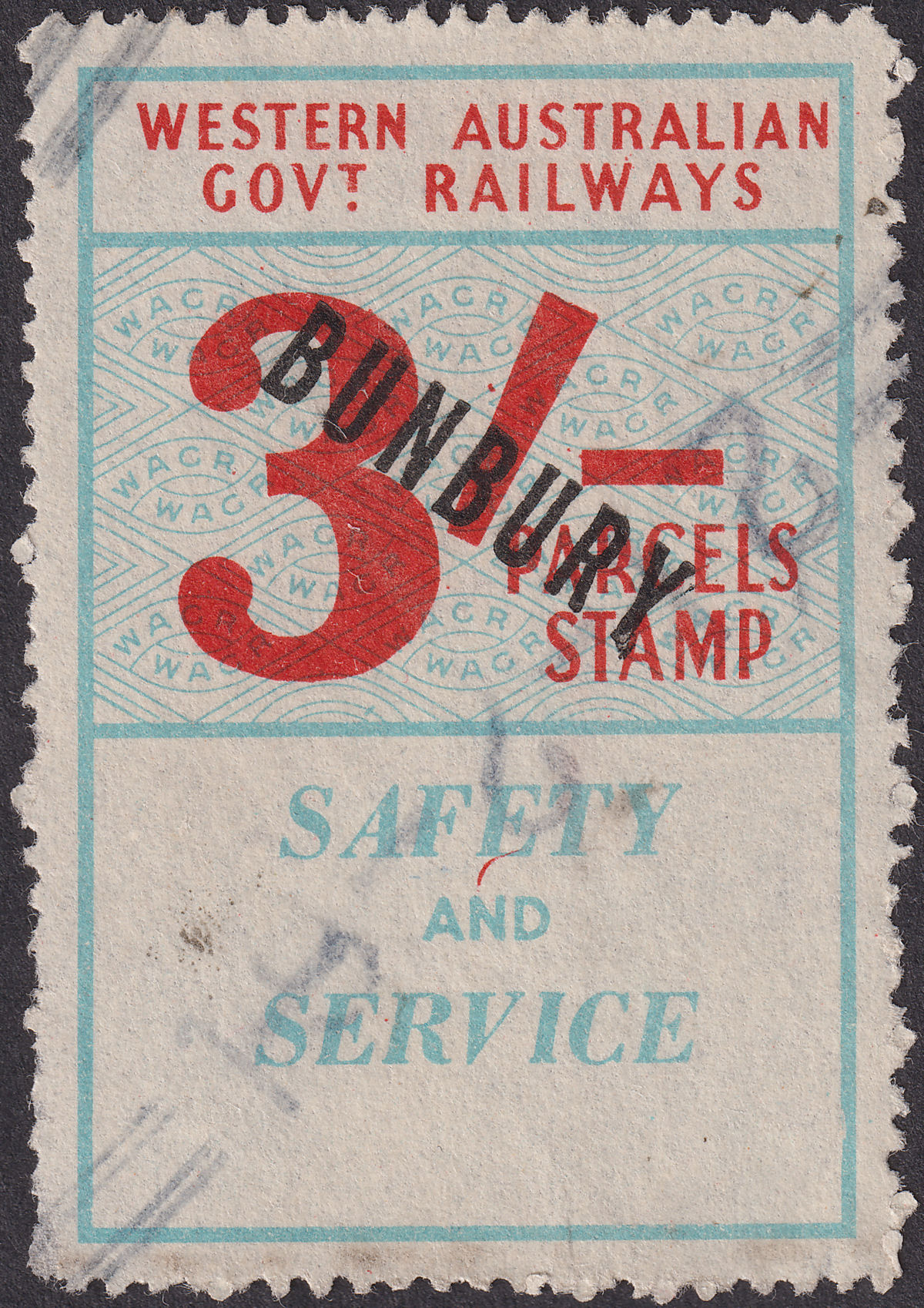 Western Australia 1961 Government Railways 3sh BUNBURY Parcels Stamp Used