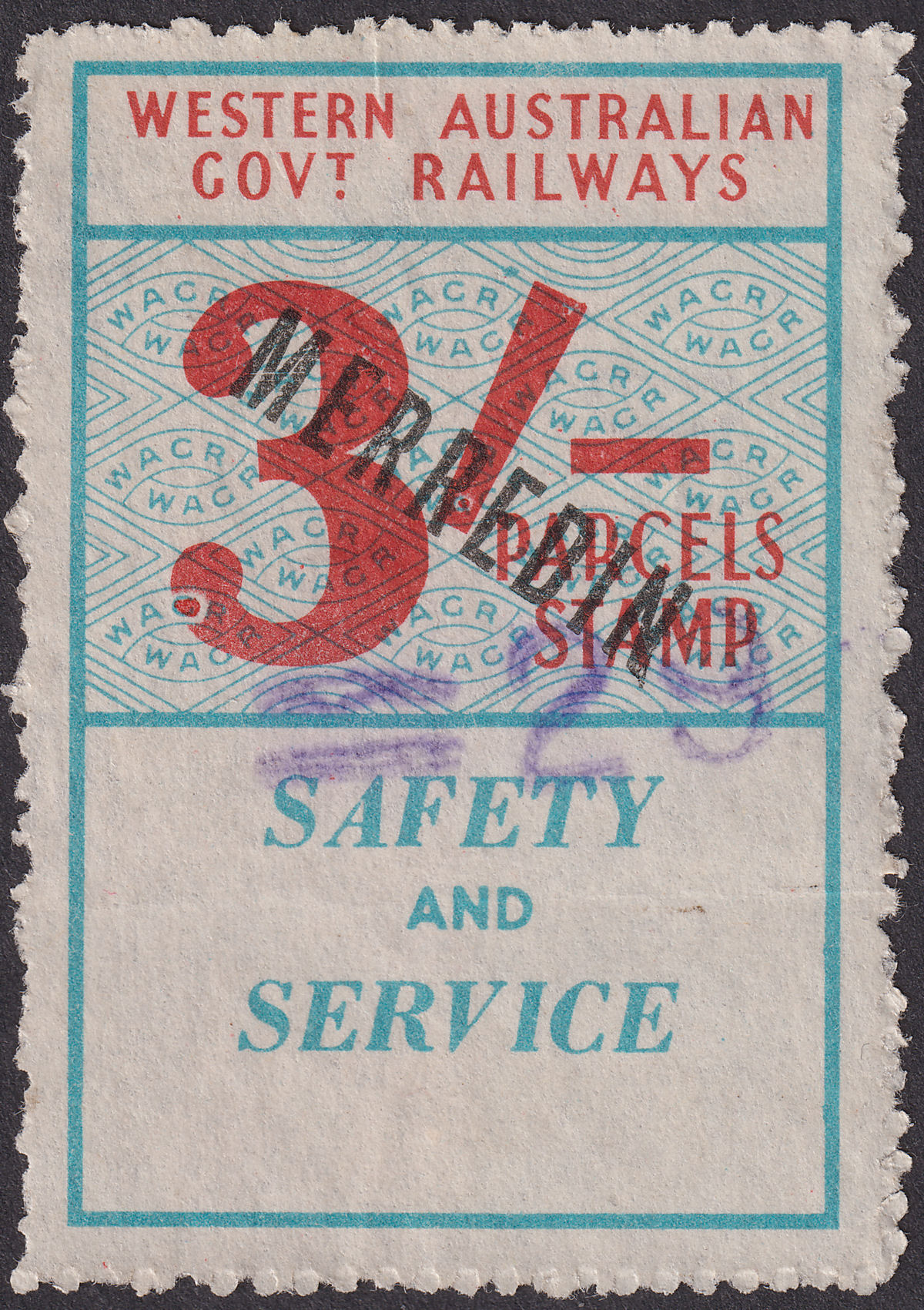 Western Australia 1961 Government Railways 3sh MERREDIN Parcels Stamp Used