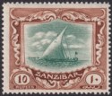 Zanzibar 1913 KGV Dhow 10r Green and Brown Mint SG260 cat £225