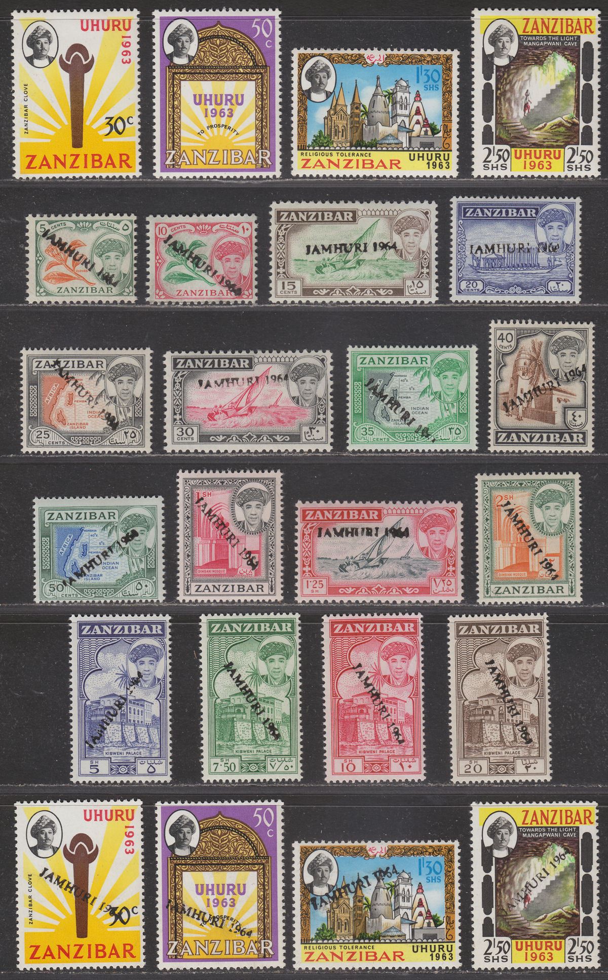 Zanzibar 1963-64 Independence / Jamhuri Overprint Sets Mint SG390-413 cat £46