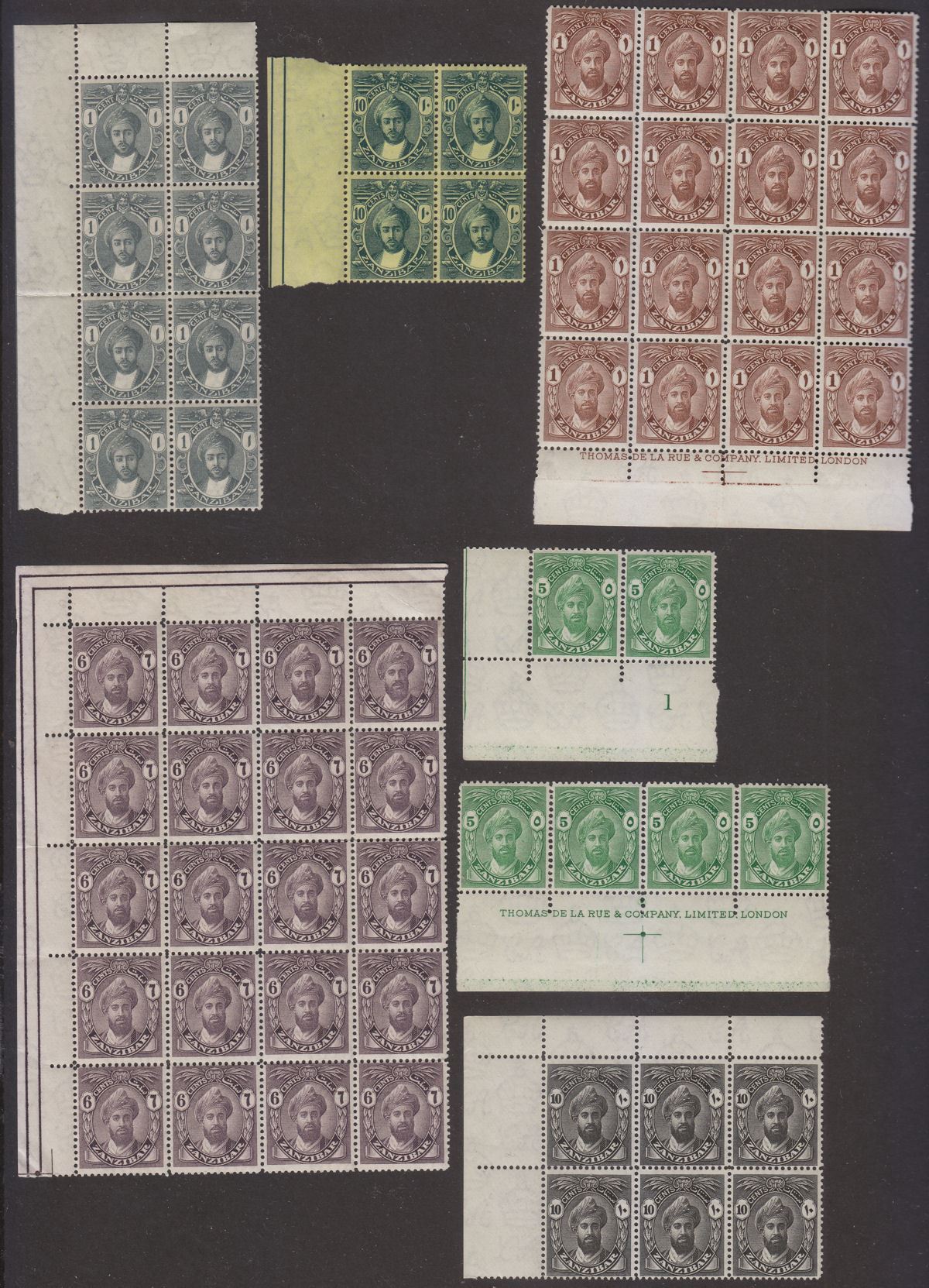 Zanzibar 1914-36 KGV era Sultan Khalifa bin Harub Block Selection to 10c Mint 