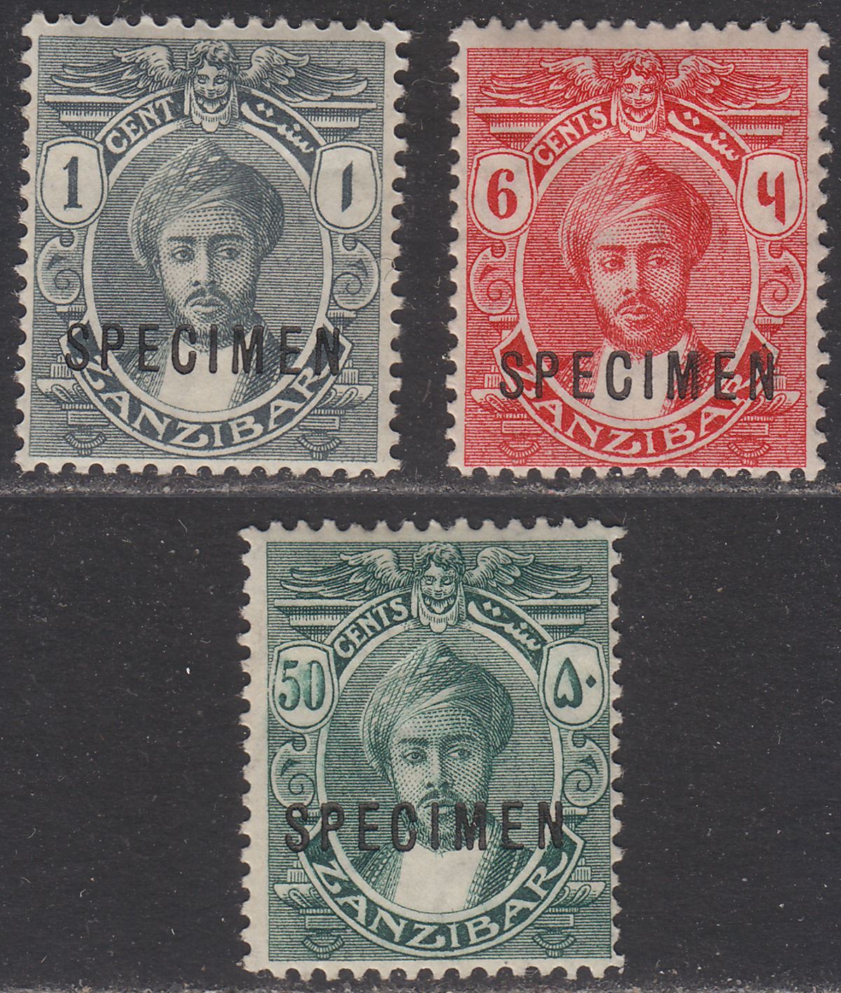 Zanzibar 1914-22 KGV era Sultan Khalifa bin Harub SPECIMEN Opt 1c, 5c, 50c Mint