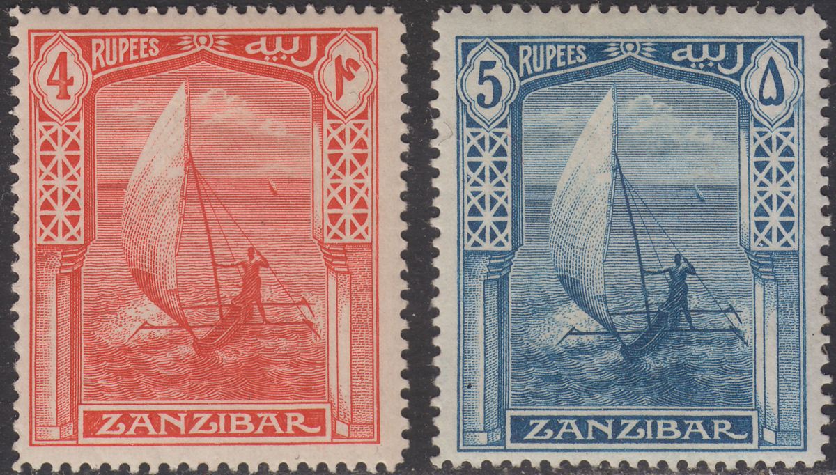 Zanzibar 1914 KGV Canoe 4r Scarlet, 5r Steel-Blue Mint SG273-274 cat £65