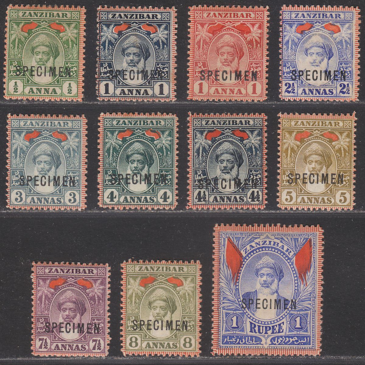 Zanzibar 1899 QV Sultan Hamoud SPECIMEN Opt Part Set to 1r Mostly Mint