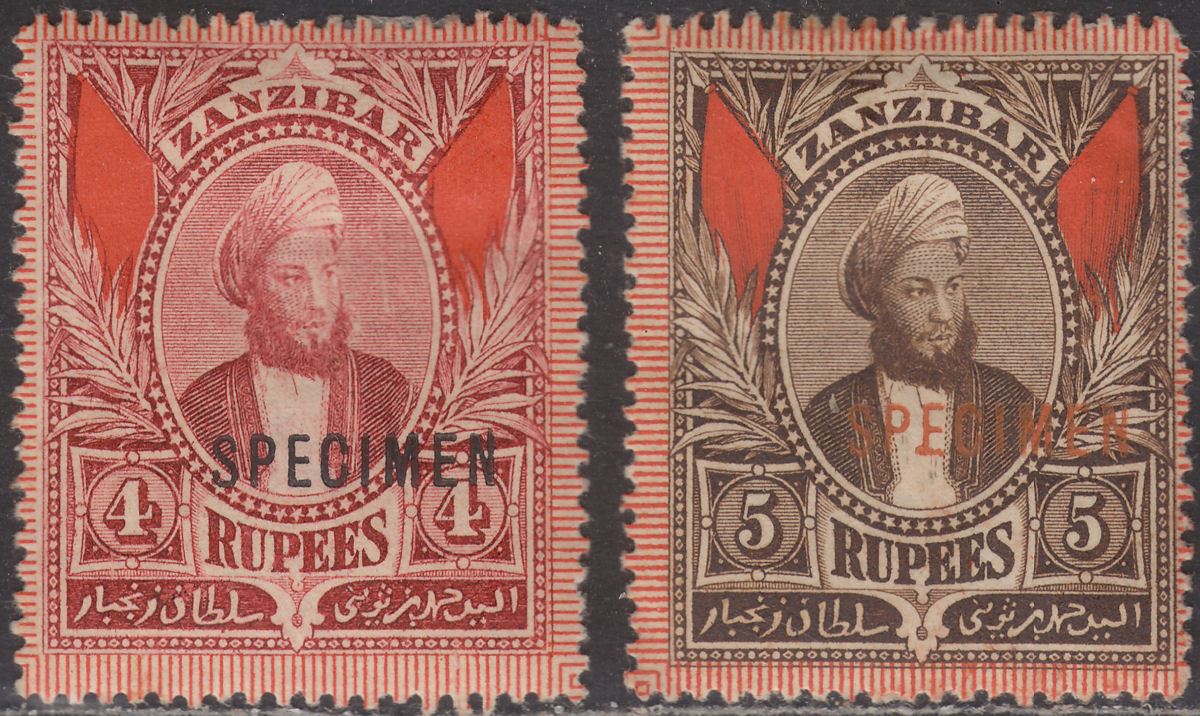 Zanzibar 1896 QV Sultan SPECIMEN Overprint 4r, 5r Mint SG173-174