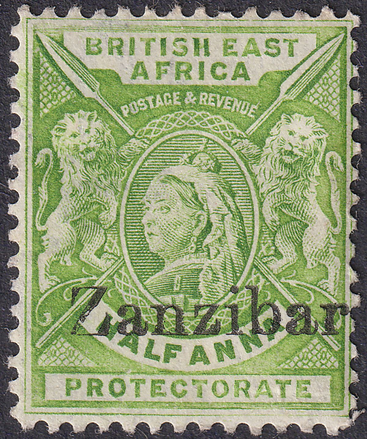 Zanzibar 1896 QV Opt on British East Africa ½a Yellow-Green Mint SG41 cat £45