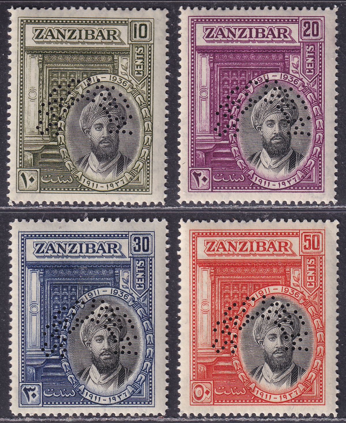 Zanzibar 1936 Silver Jubilee of Sultan SPECIMEN Perf Set SG323s-326s cat £120
