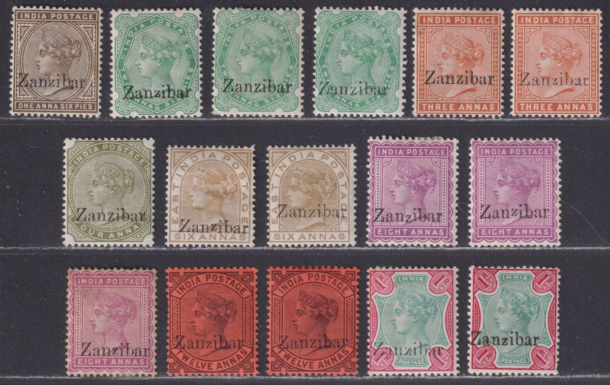 Zanzibar 1895 QV Overprint on India Part Set to 1r with shades Mint