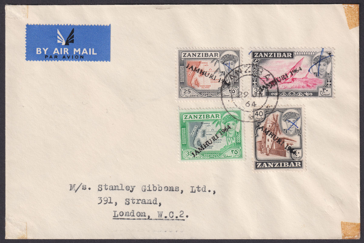 Zanzibar 1964 Jamhuri Overprint 40c, 35c, 30c, 25c Used on Airmail Cover to UK