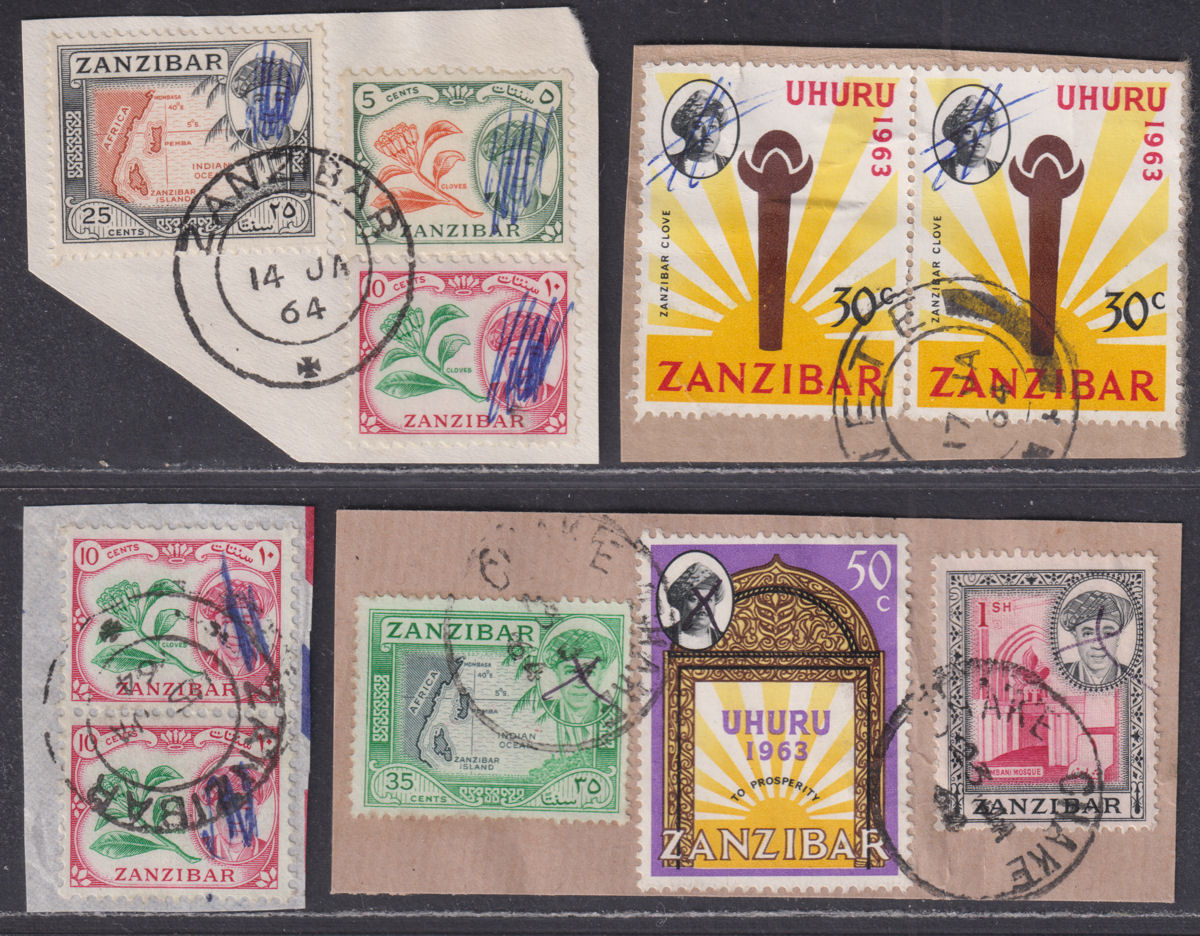 Zanzibar 1961-63 Selection to 1sh Used on Pieces Sultan's Head Crossed 1964 pmks