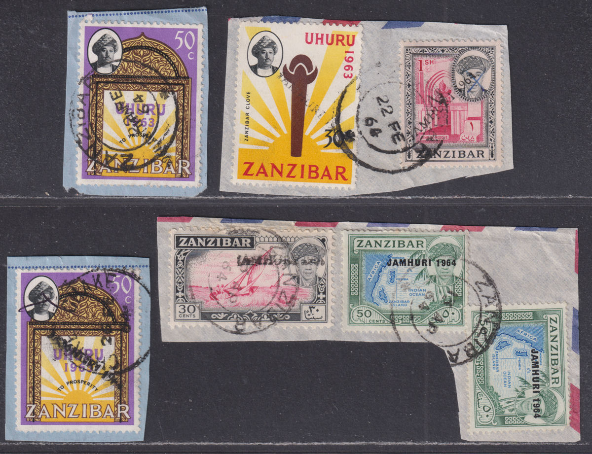 Zanzibar 1964 Jamhuri Overprint Selection to 1sh Used on Pieces