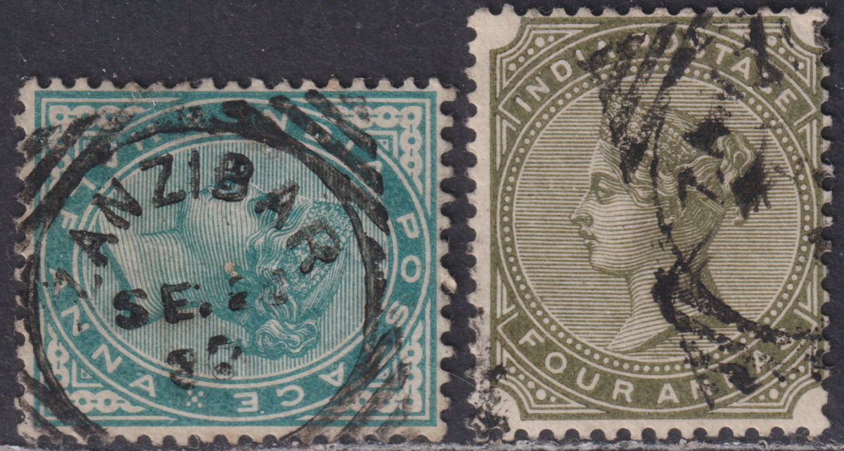 India used Zanzibar 1882 QV ½a, 4a Used w Z4 Zanzibar SQ postmark SG Z46 Z51