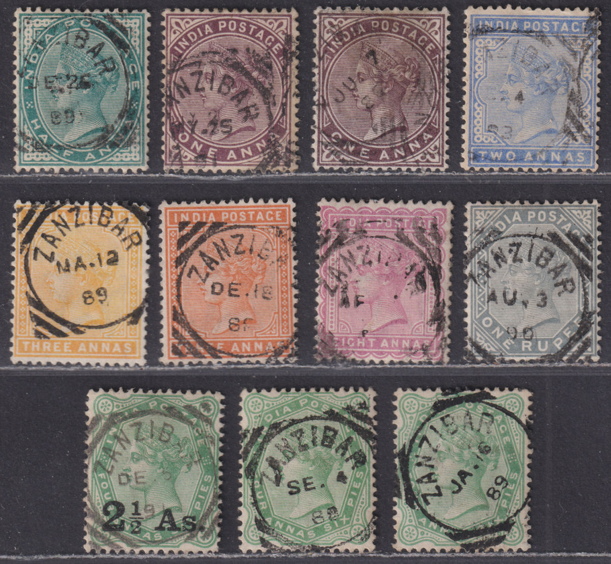 India used Zanzibar 1882-91 QV Selection to 1r Used with Z5 SQ postmarks