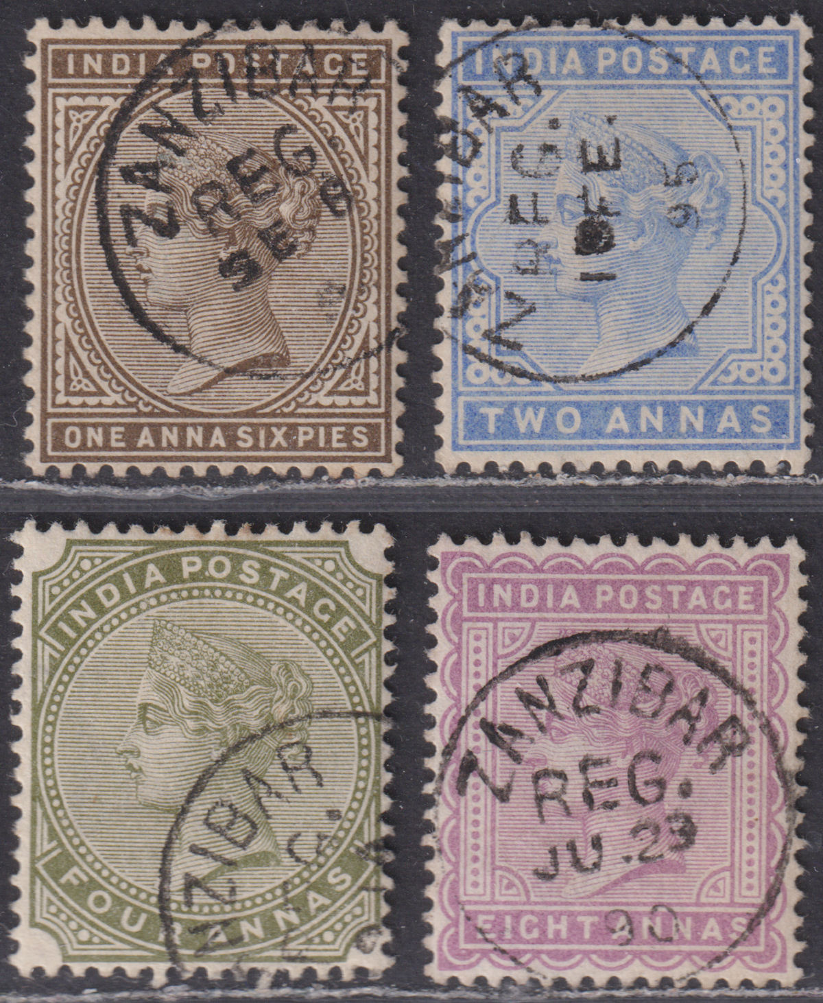 India used Zanzibar 1882 QV 1a6p 2a 4a 8a Used w Z6 Zanzibar REG postmarks c£90