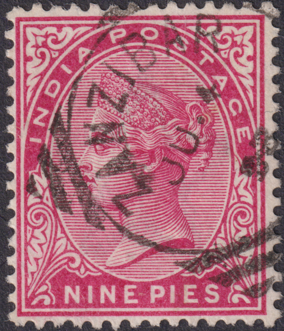 India used Zanzibar 1888 QV 9p Aniline Carm Used w Z5 SC postmark SG Z63 c£100