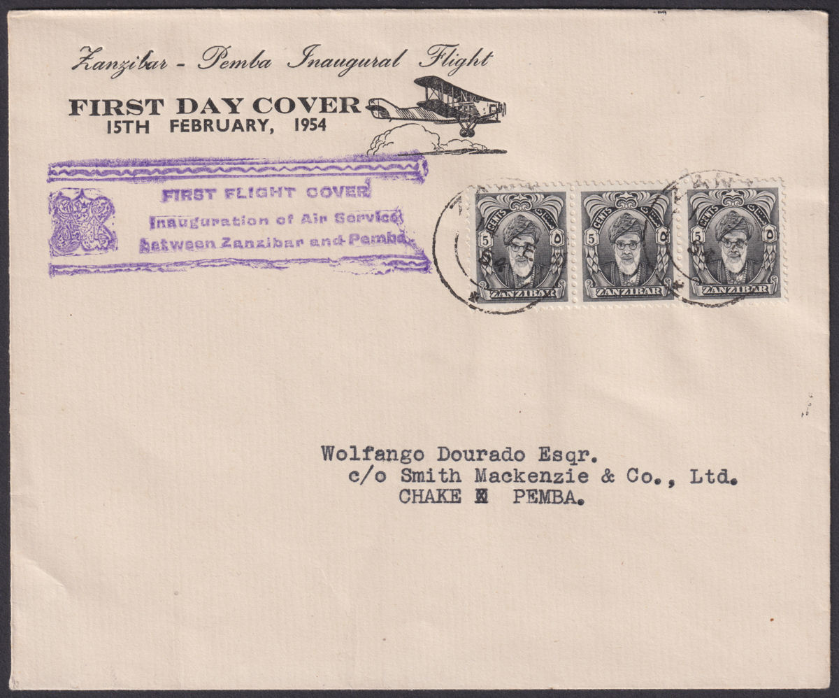 Zanzibar 1954 5c x 3 Used on First Flight Airmail Cover to Pemba