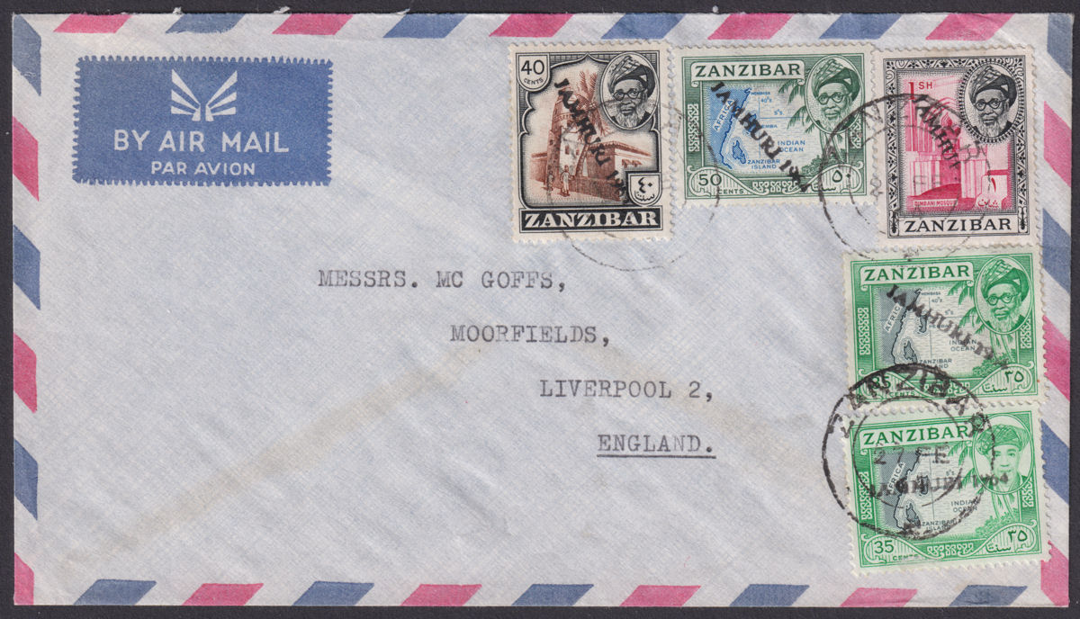 Zanzibar 1964 Jamhuri Opt 1957 1sh 50c 40c 35c Used on Airmail Cover to UK