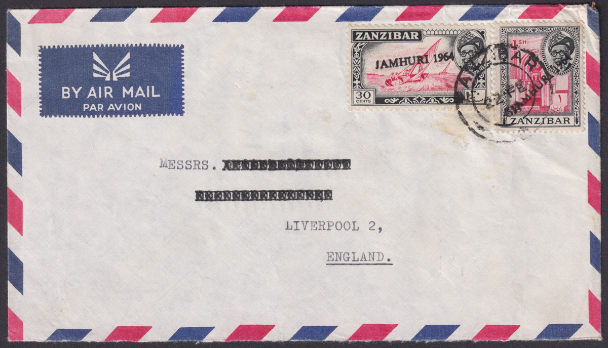 Zanzibar 1964 Jamhuri Overprint 1957 1sh, 30c Used on Airmail Cover to UK