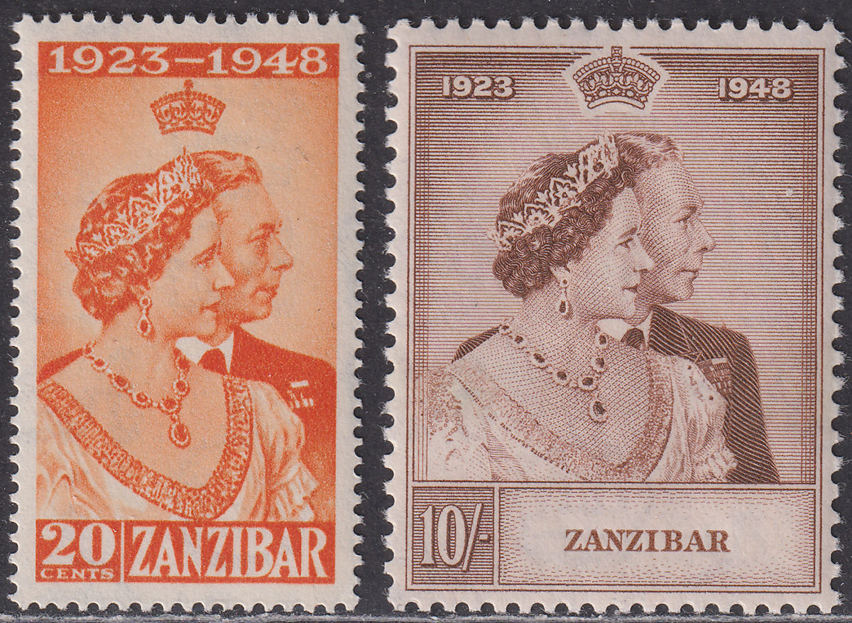 Zanzibar 1949 KGVI Royal Silver Wedding 20c, 10sh Mint SG333-334 cat £30 RSW